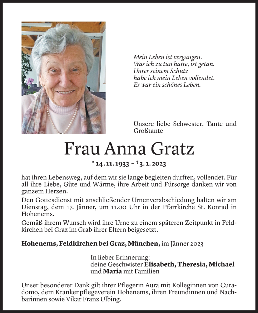  Todesanzeige für Anna Gratz vom 14.01.2023 aus Vorarlberger Nachrichten