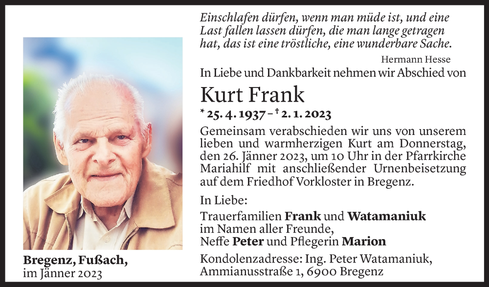  Todesanzeige für Kurt Frank vom 20.01.2023 aus Vorarlberger Nachrichten