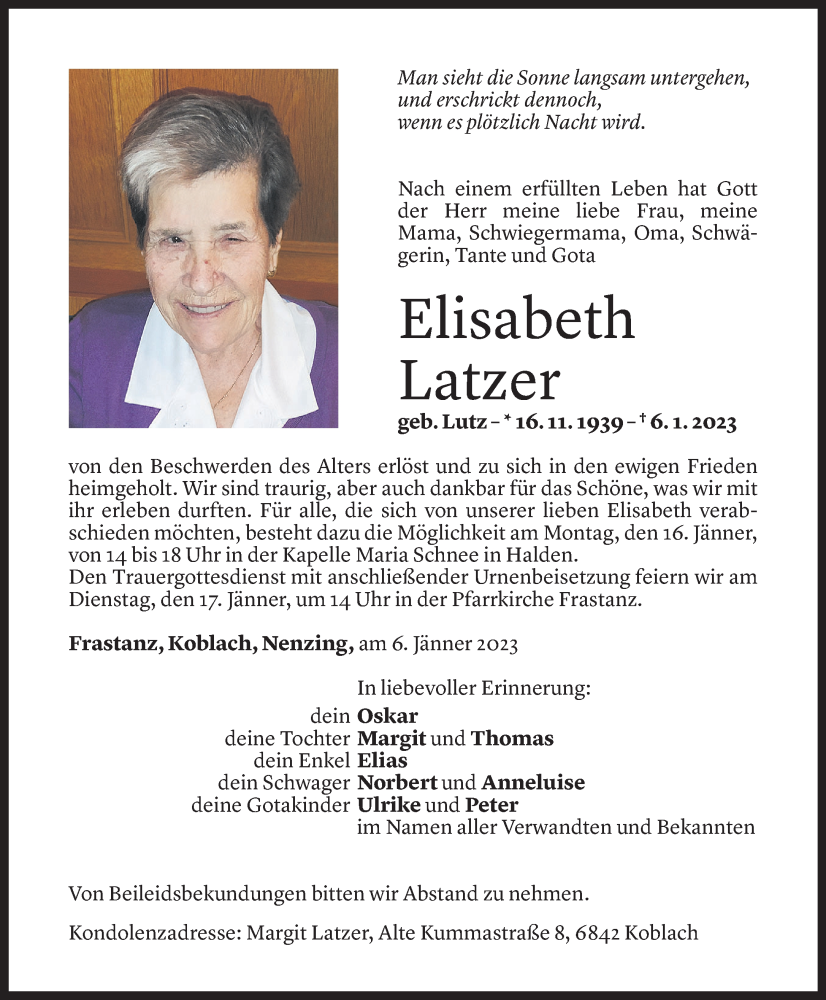  Todesanzeige für Elisabeth Latzer vom 13.01.2023 aus Vorarlberger Nachrichten