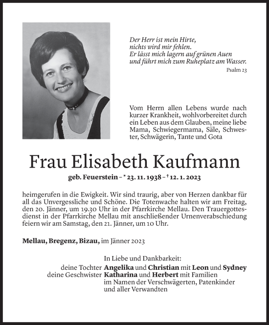 Todesanzeige von Elisabeth Kaufmann von Vorarlberger Nachrichten