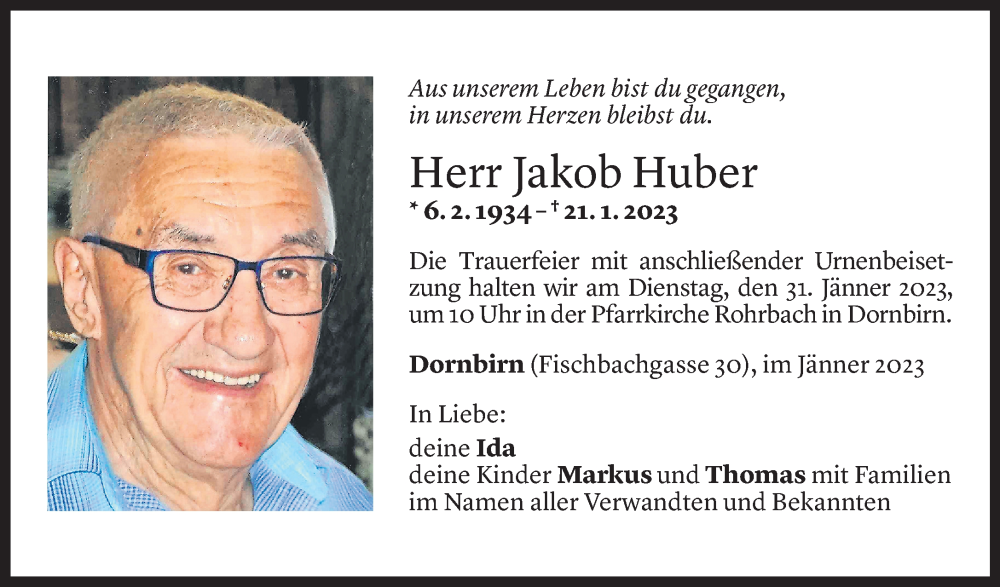  Todesanzeige für Jakob Huber vom 27.01.2023 aus Vorarlberger Nachrichten
