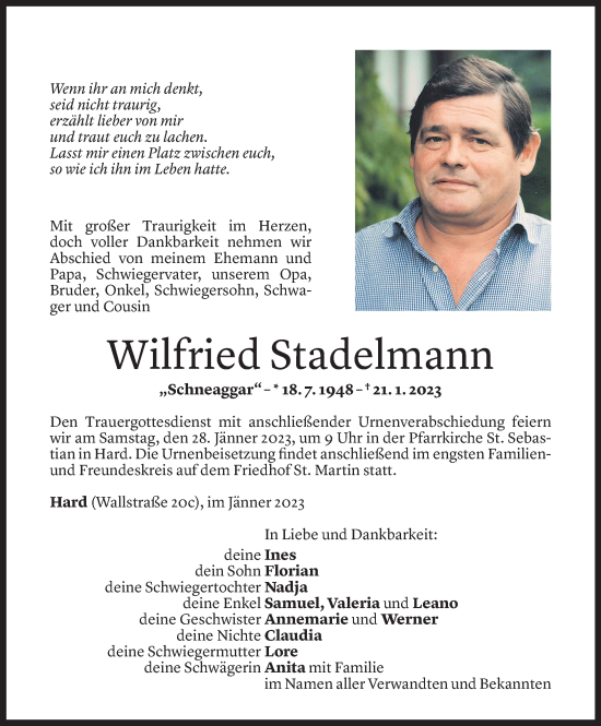 Todesanzeige von Wilfried Stadelmann von Vorarlberger Nachrichten