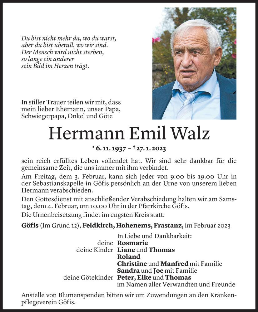  Todesanzeige für Hermann Emil Walz vom 01.02.2023 aus Vorarlberger Nachrichten