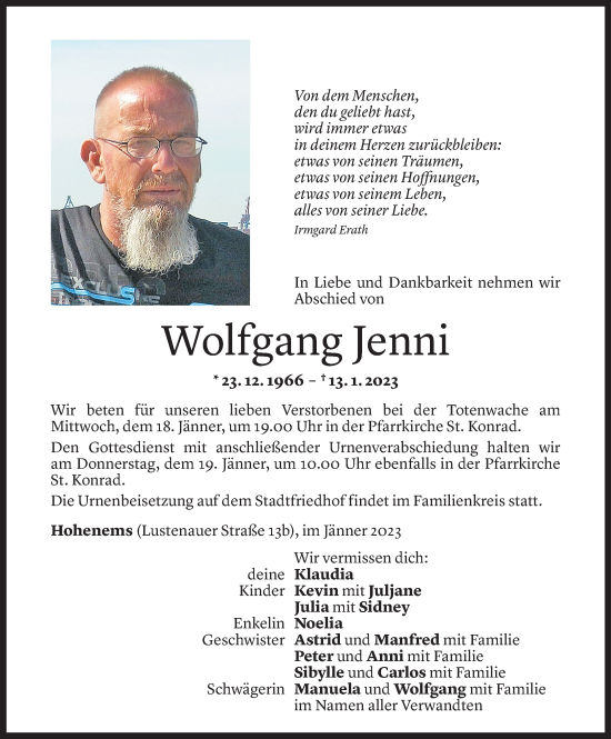 Todesanzeige von Wolfgang Jenni von Vorarlberger Nachrichten