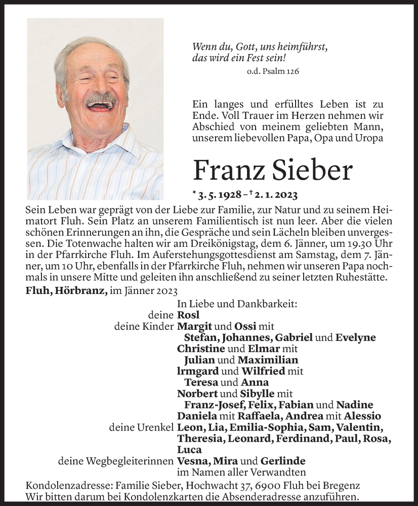  Todesanzeige für Franz Sieber vom 03.12.2022 aus Vorarlberger Nachrichten