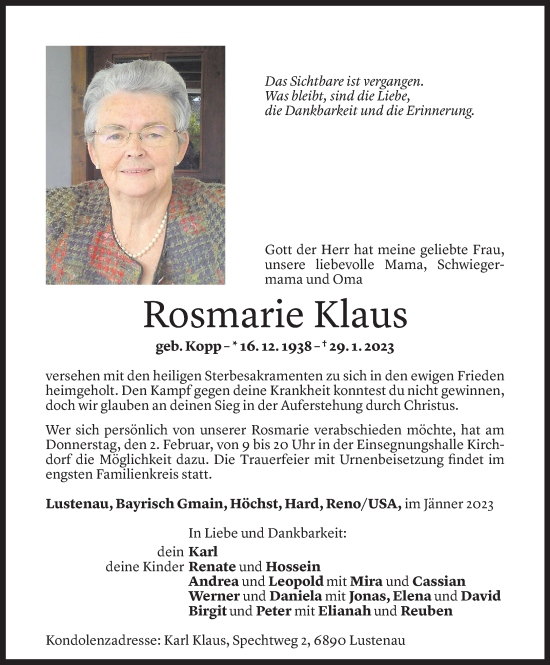 Todesanzeige von Rosmarie Klaus von Vorarlberger Nachrichten