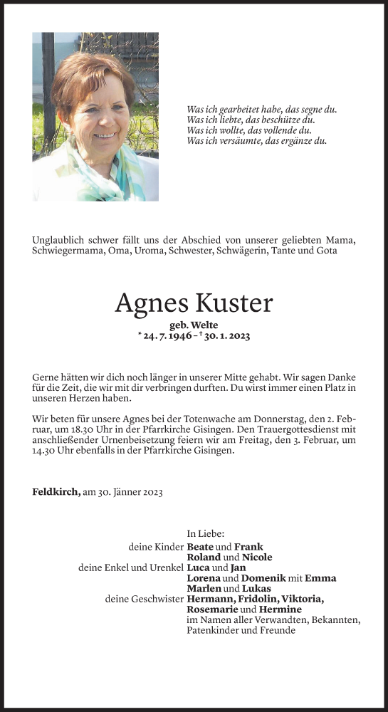  Todesanzeige für Agnes Kuster vom 31.01.2023 aus Vorarlberger Nachrichten