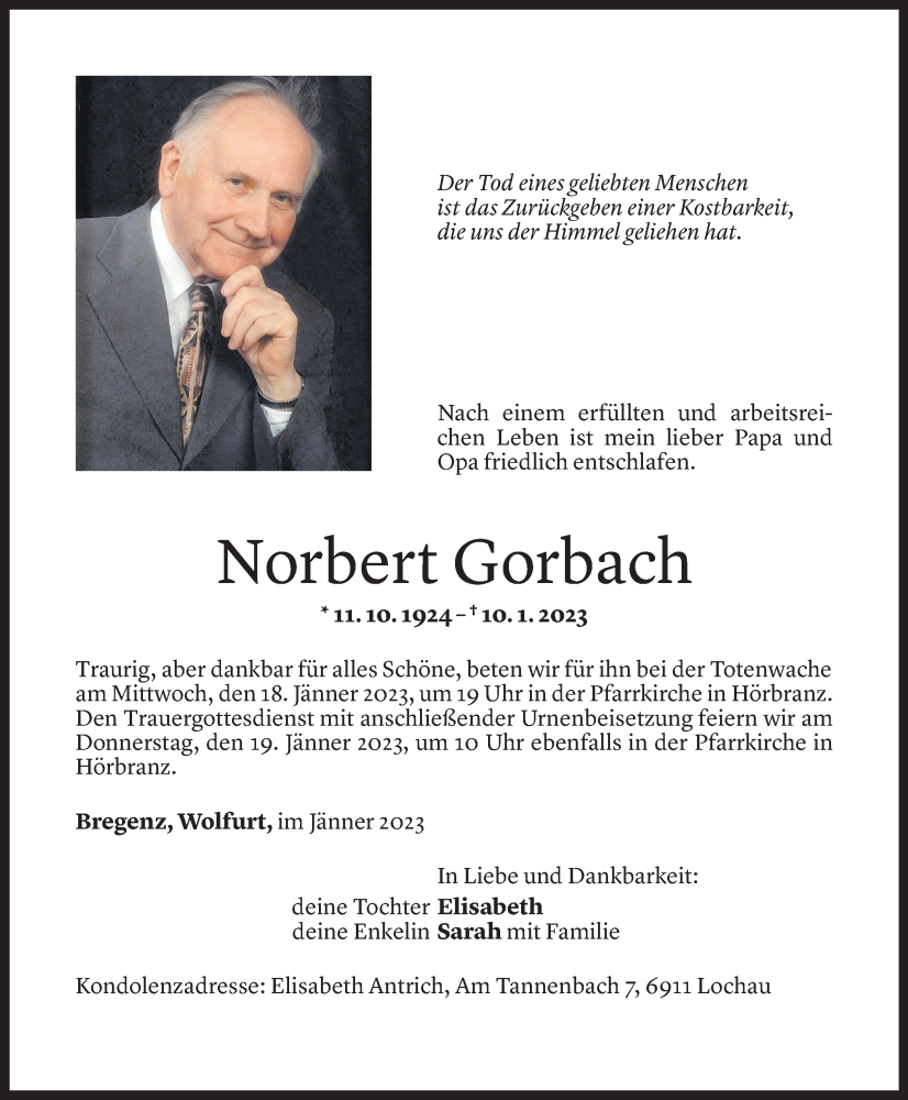  Todesanzeige für Norbert Gorbach vom 13.01.2023 aus Vorarlberger Nachrichten