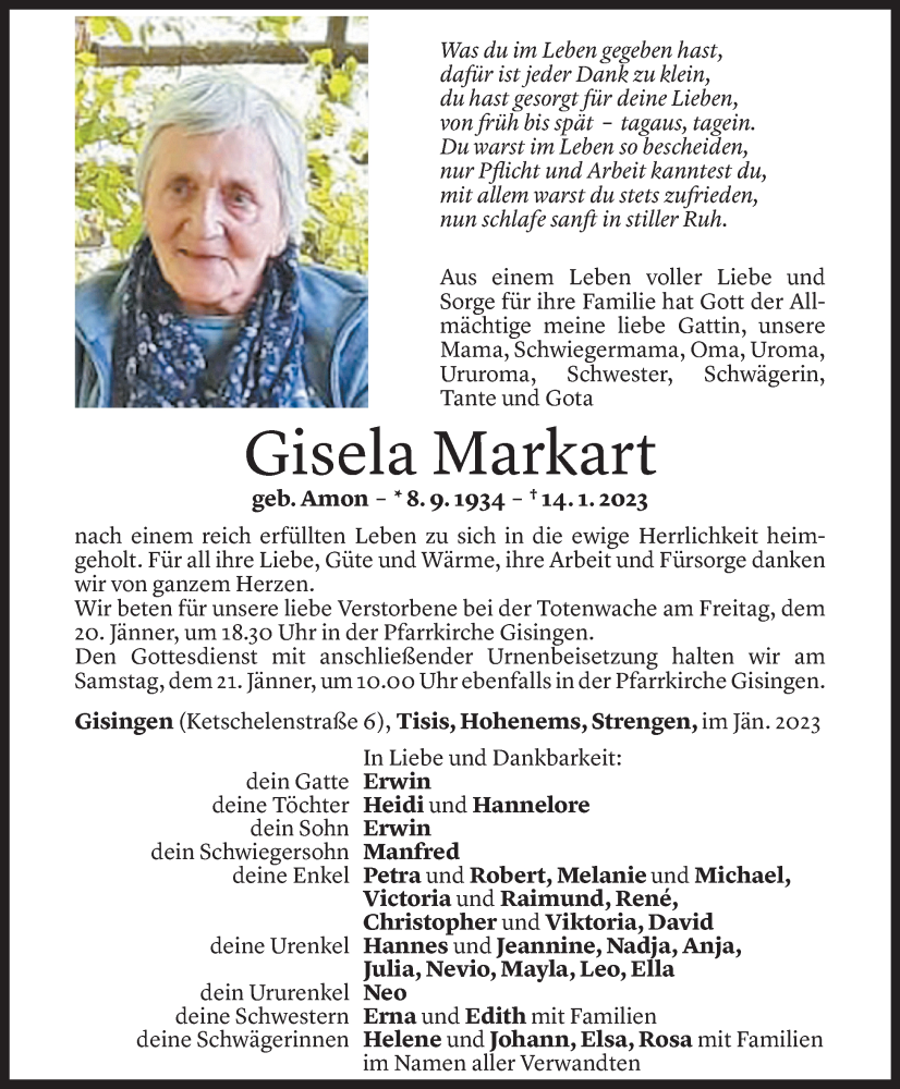  Todesanzeige für Gisela Markart vom 18.01.2023 aus Vorarlberger Nachrichten