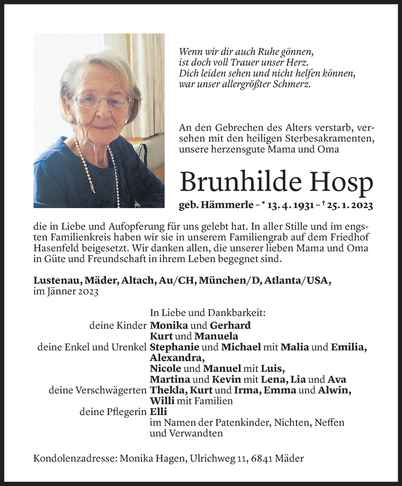  Todesanzeige für Brunhilde Hosp vom 30.01.2023 aus Vorarlberger Nachrichten