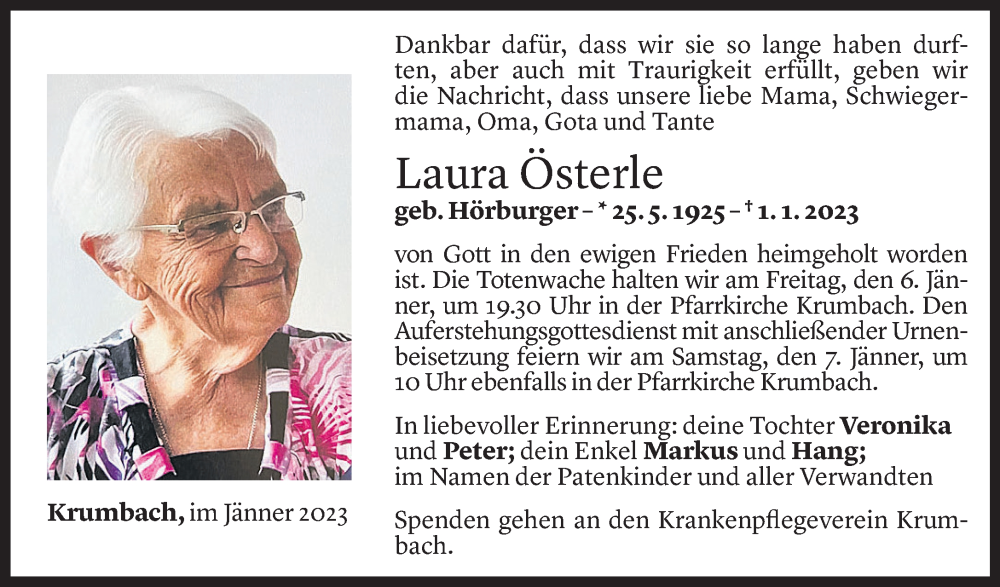  Todesanzeige für Laura Österle vom 04.01.2023 aus Vorarlberger Nachrichten
