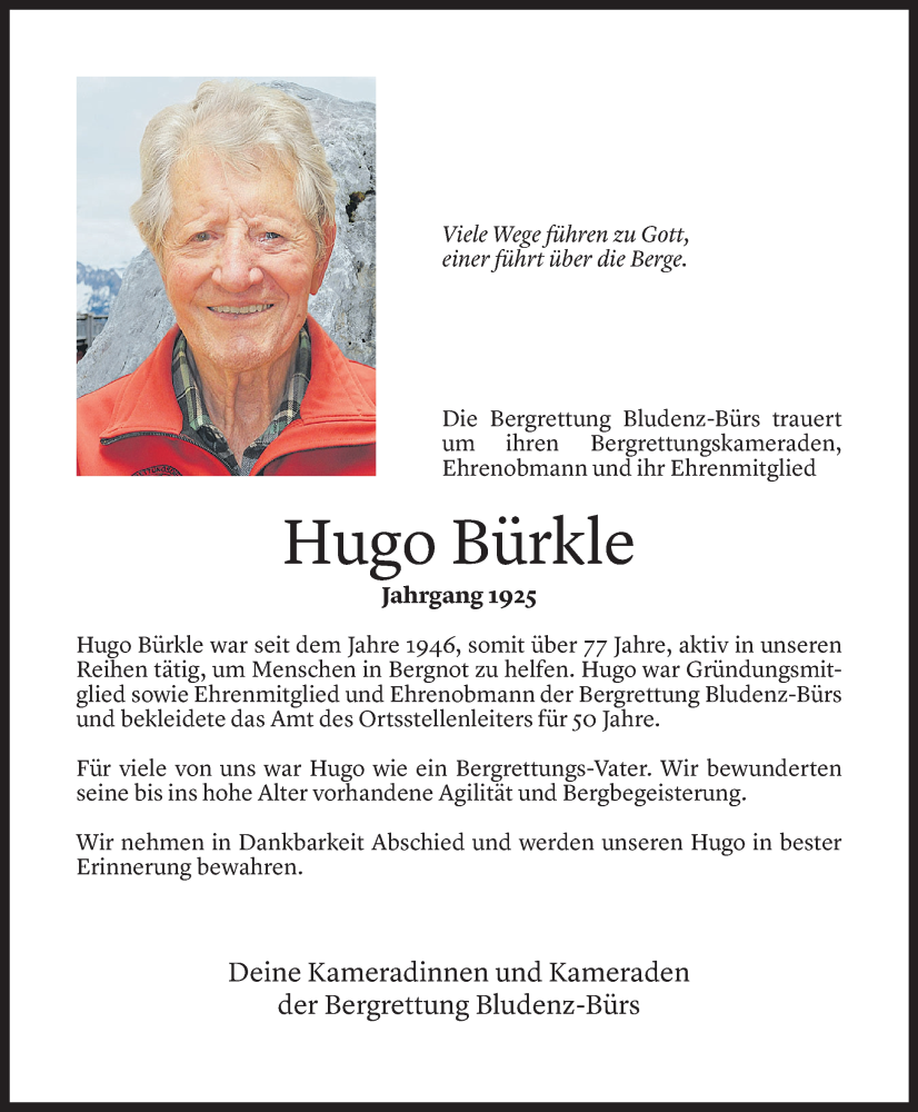  Todesanzeige für Hugo Bürkle vom 25.01.2023 aus Vorarlberger Nachrichten