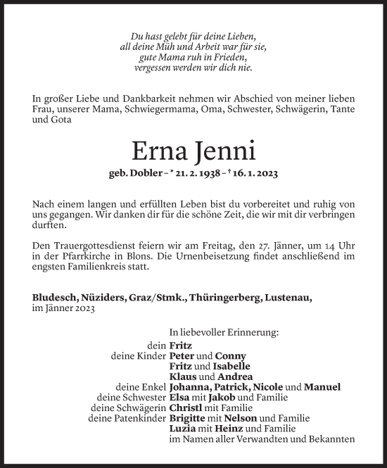 Todesanzeige von Erna Jenni von Vorarlberger Nachrichten