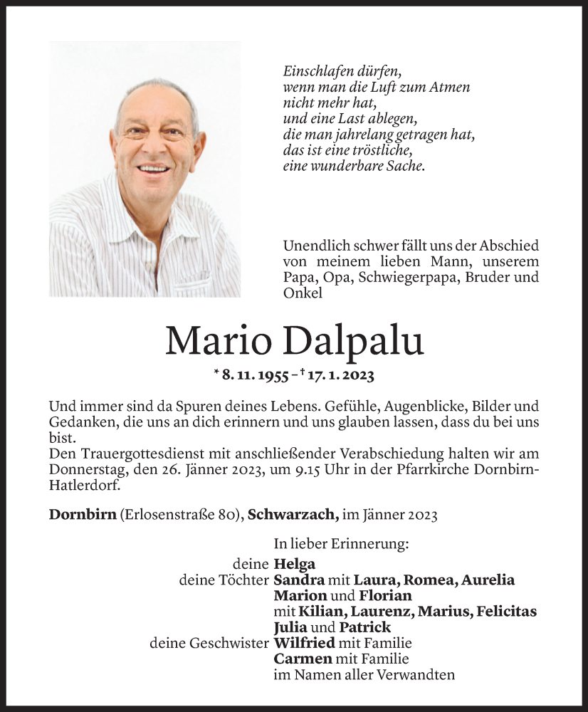  Todesanzeige für Mario Dalpalu vom 20.01.2023 aus Vorarlberger Nachrichten