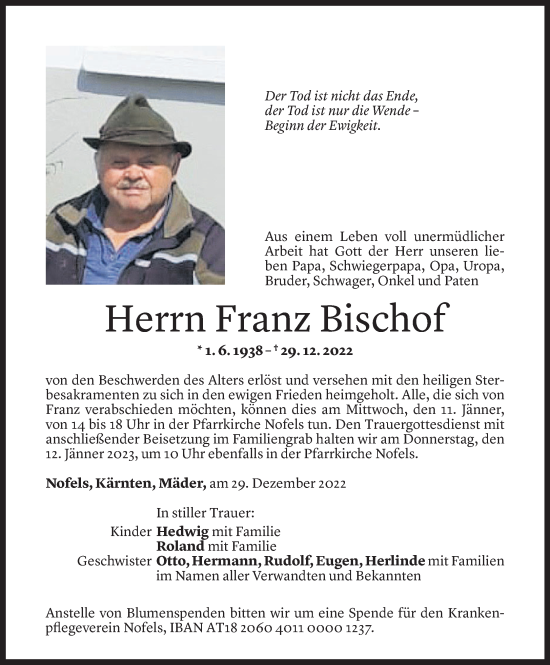 Todesanzeige von Franz Bischof von Vorarlberger Nachrichten