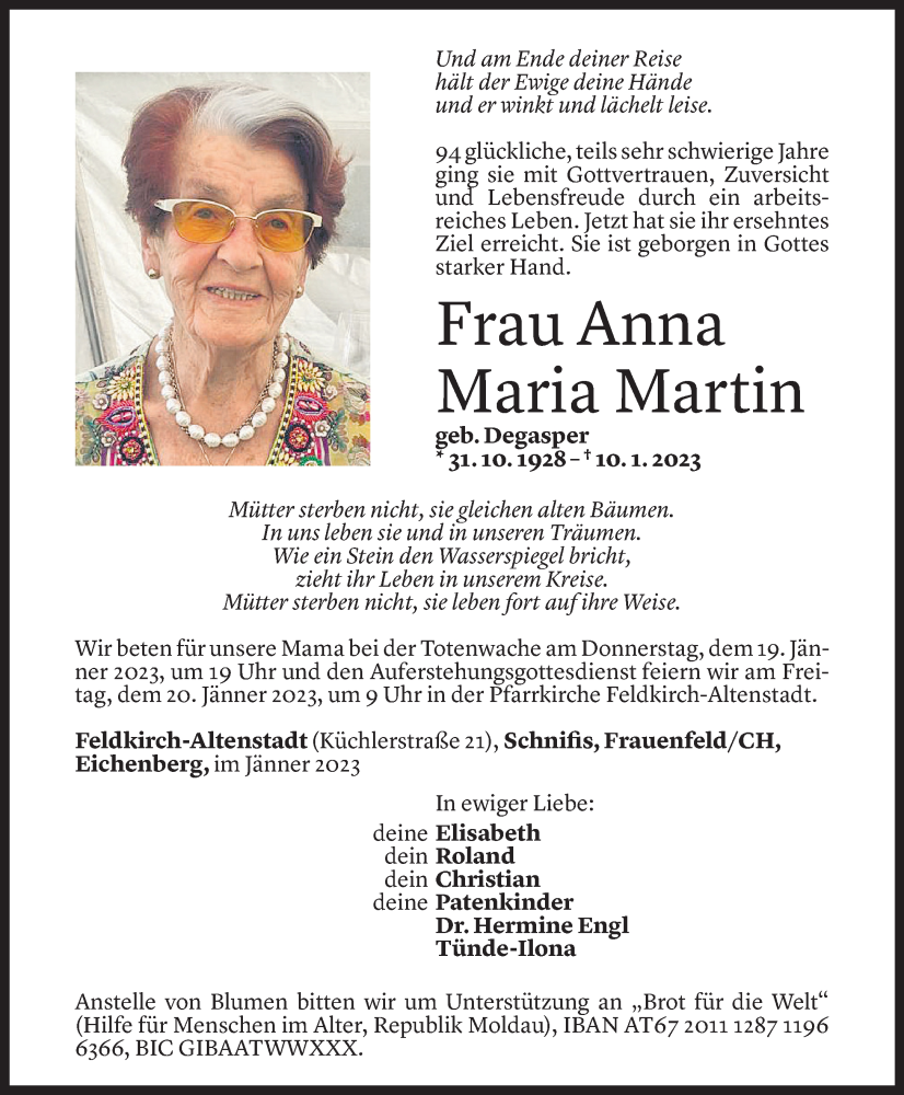  Todesanzeige für Anna Maria Martin vom 17.01.2023 aus Vorarlberger Nachrichten