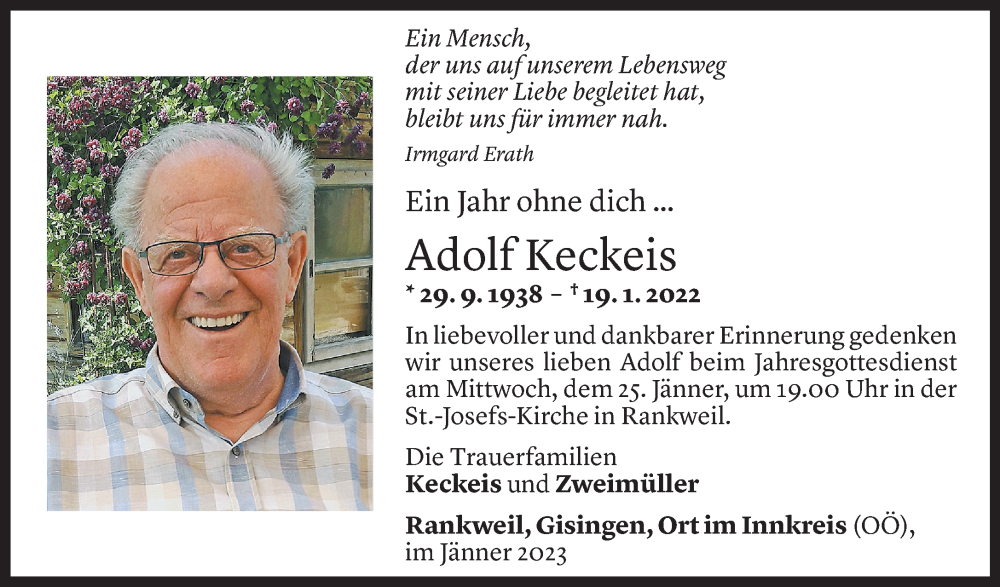  Todesanzeige für Adolf Keckeis vom 19.01.2023 aus Vorarlberger Nachrichten