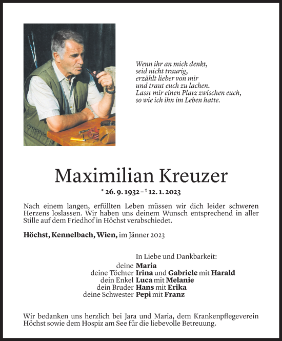 Todesanzeige von Maximilian Kreuzer von Vorarlberger Nachrichten
