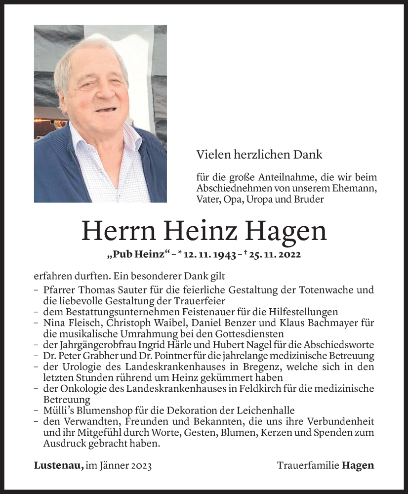  Todesanzeige für Heinz Hagen vom 05.01.2023 aus Vorarlberger Nachrichten