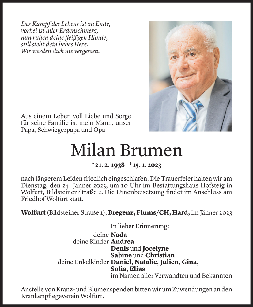  Todesanzeige für Milan Brumen vom 20.01.2023 aus Vorarlberger Nachrichten