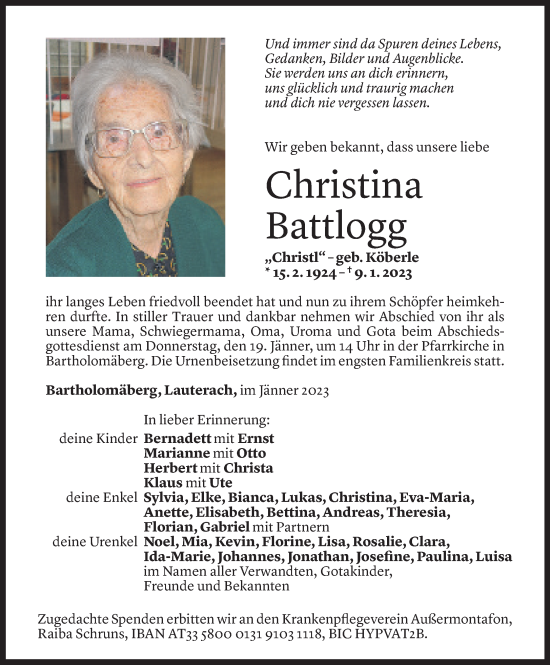 Todesanzeige von Christina Battlogg von Vorarlberger Nachrichten