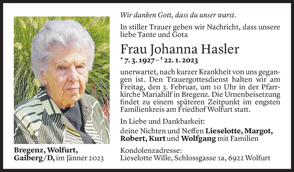  Todesanzeige für Johanna Hasler vom 01.02.2023 aus Vorarlberger Nachrichten