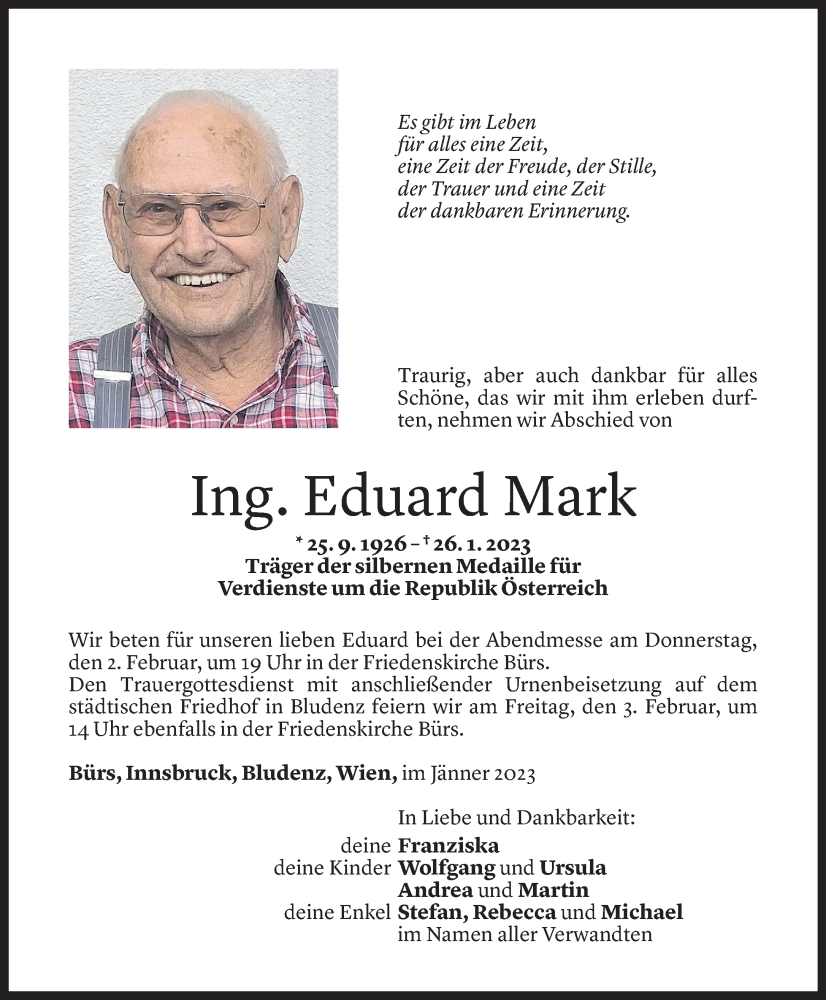  Todesanzeige für Eduard Mark vom 30.01.2023 aus Vorarlberger Nachrichten