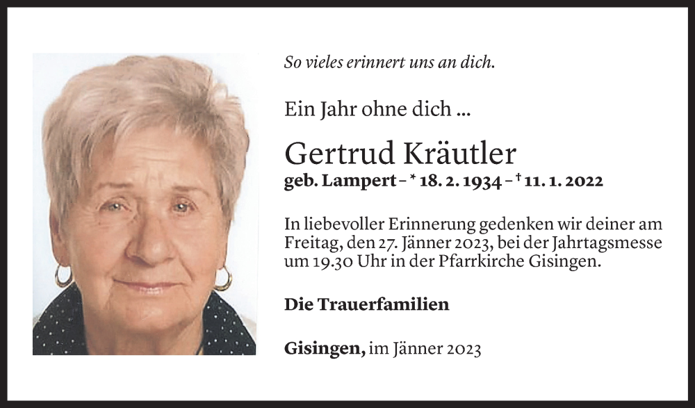  Todesanzeige für Gertrud Kräutler vom 25.01.2023 aus Vorarlberger Nachrichten