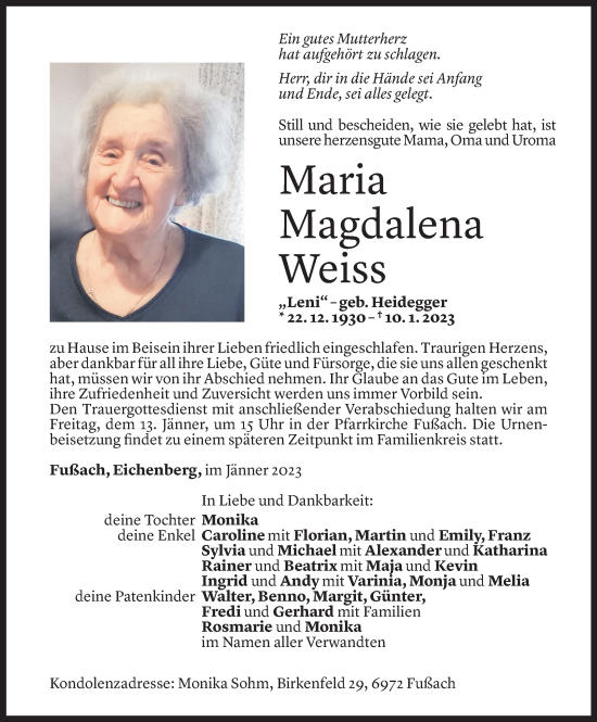 Todesanzeige von Maria Magdalena Weiss von Vorarlberger Nachrichten
