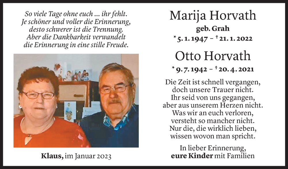  Todesanzeige für Marija Horvath vom 21.01.2023 aus Vorarlberger Nachrichten
