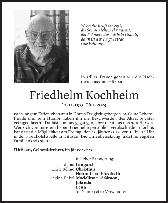 Todesanzeige von Friedhelm Kochheim von Vorarlberger Nachrichten
