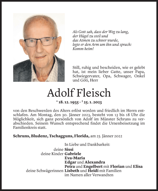 Todesanzeige von Adolf Fleisch von Vorarlberger Nachrichten