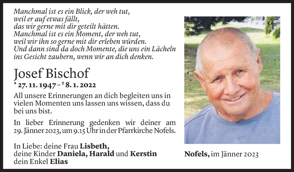  Todesanzeige für Josef Bischof vom 06.01.2022 aus Vorarlberger Nachrichten