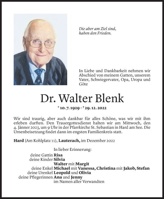 Todesanzeige von Walter Blenk von Vorarlberger Nachrichten