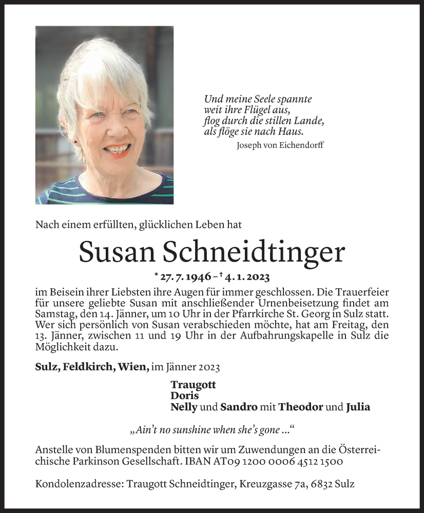  Todesanzeige für Susan Schneidtinger vom 11.01.2023 aus Vorarlberger Nachrichten