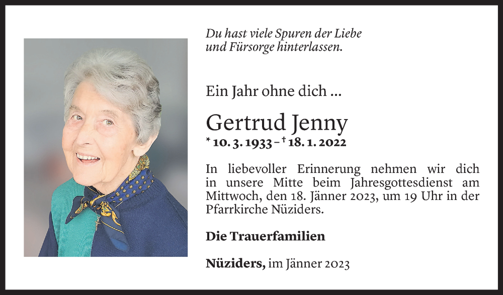  Todesanzeige für Gertrud Jenny vom 13.01.2023 aus Vorarlberger Nachrichten