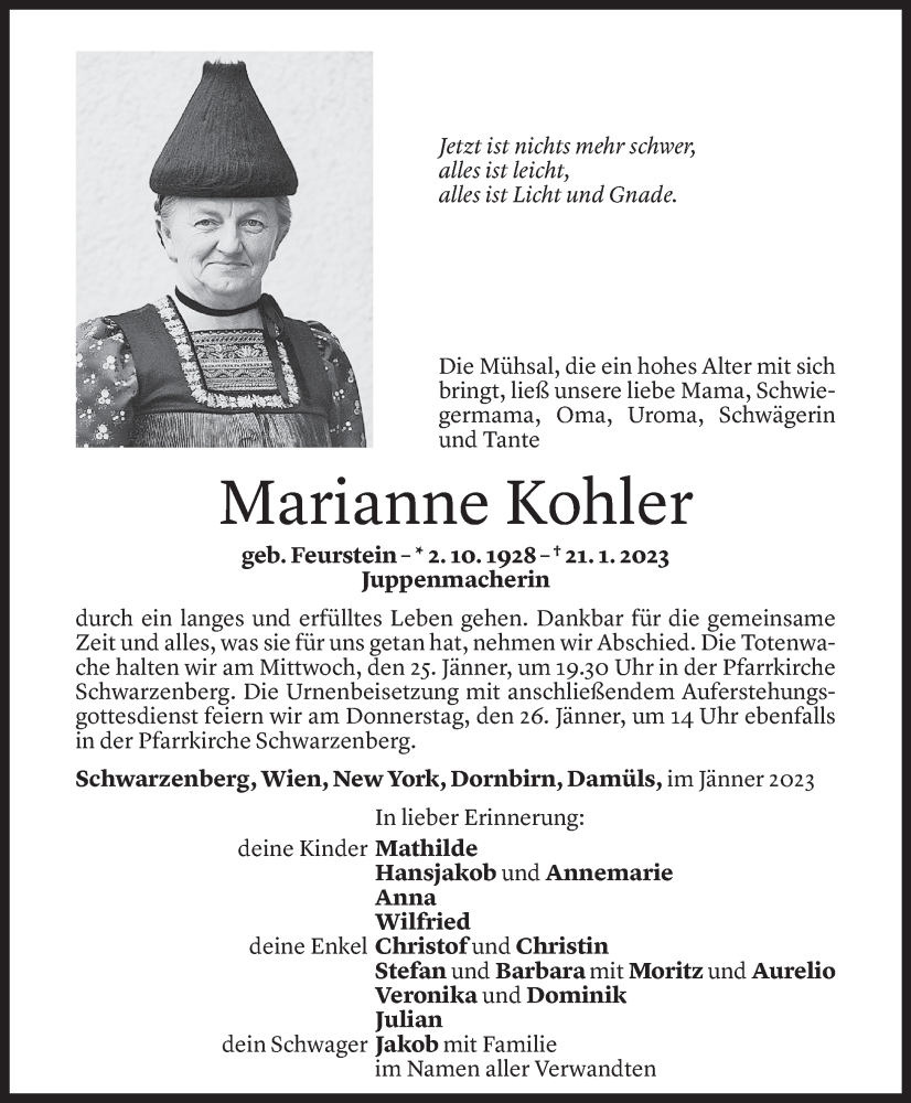  Todesanzeige für Marianne Kohler vom 24.01.2023 aus Vorarlberger Nachrichten