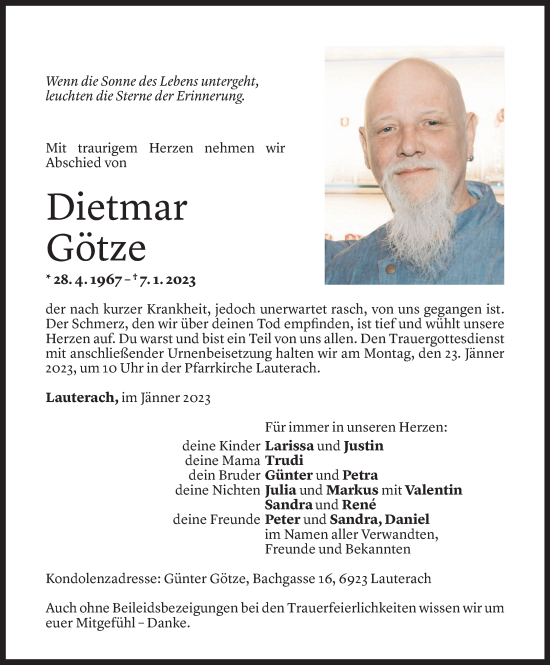 Todesanzeige von Dietmar Götze von Vorarlberger Nachrichten