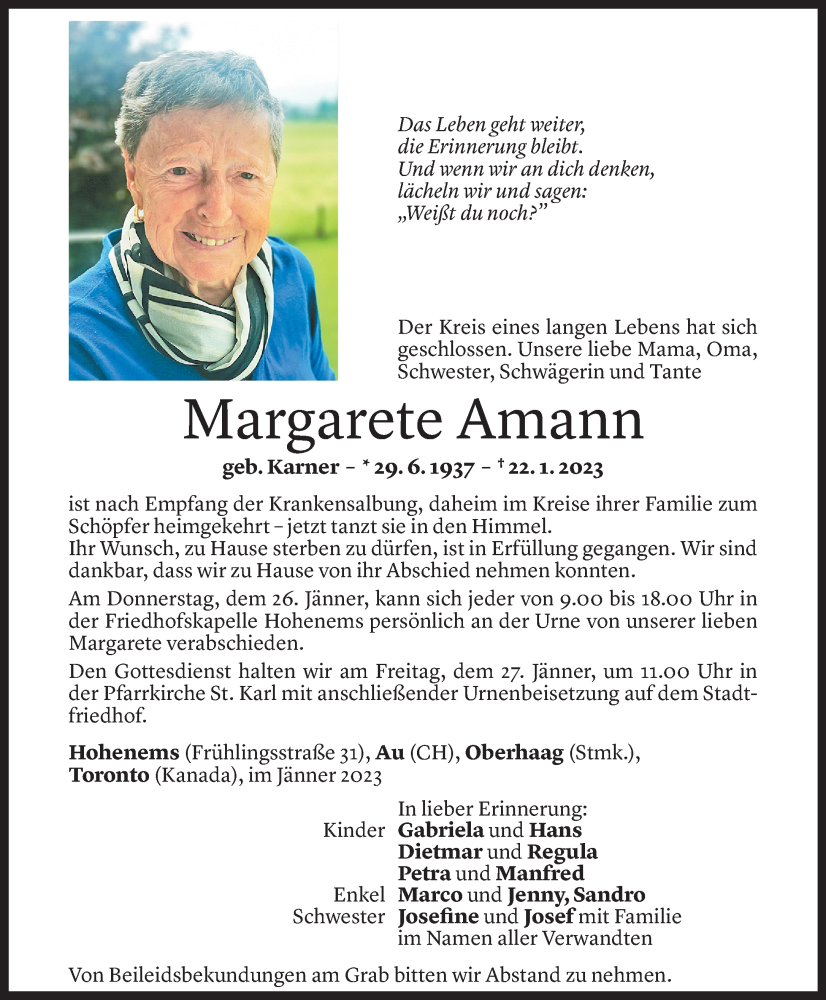  Todesanzeige für Margarete Amann vom 25.01.2023 aus Vorarlberger Nachrichten
