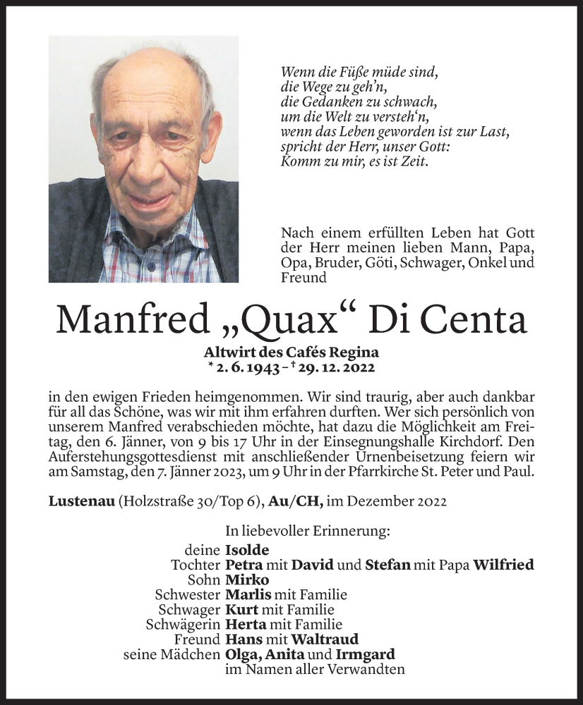  Todesanzeige für Manfred Di Centa vom 02.01.2023 aus Vorarlberger Nachrichten