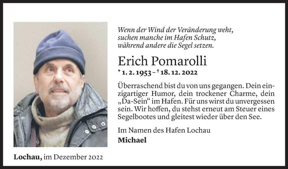  Todesanzeige für Erich Pomarolli vom 13.01.2023 aus Vorarlberger Nachrichten