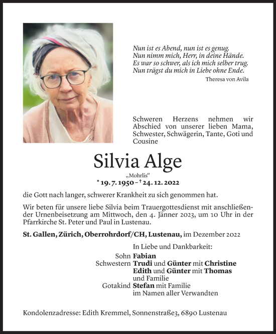 Todesanzeige von Silvia Alge von Vorarlberger Nachrichten