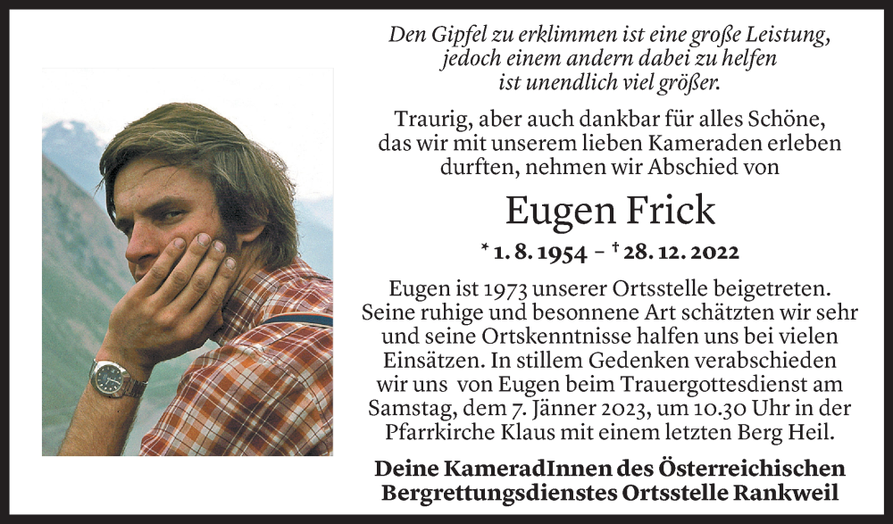  Todesanzeige für Eugen Frick vom 03.01.2023 aus vorarlberger nachrichten