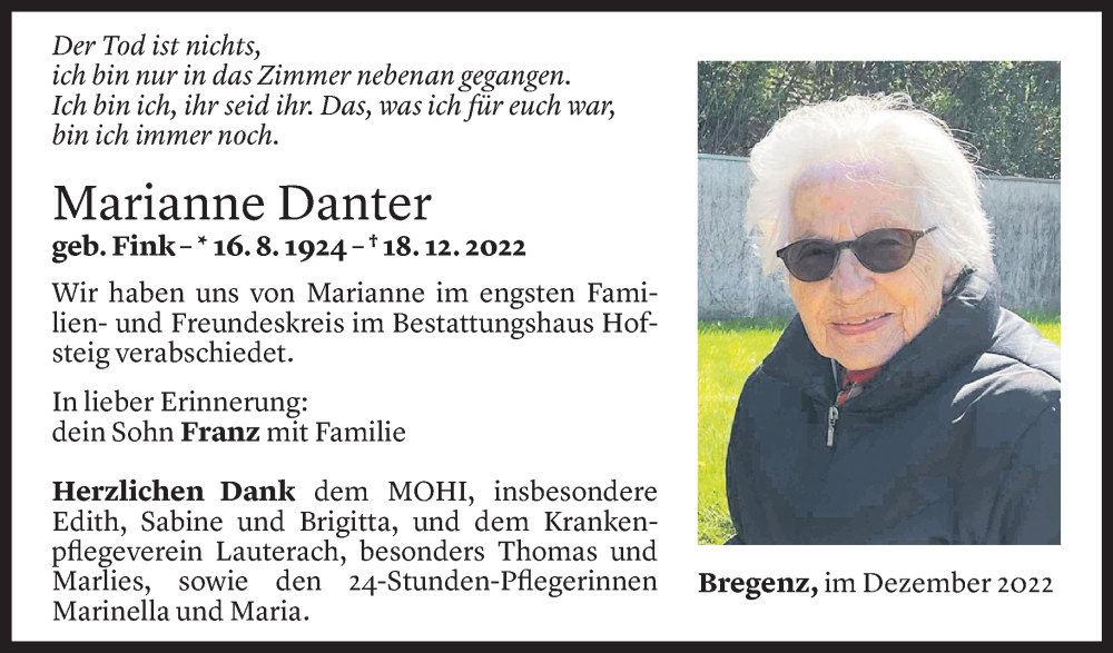  Todesanzeige für Marianne Danter vom 04.01.2023 aus Vorarlberger Nachrichten