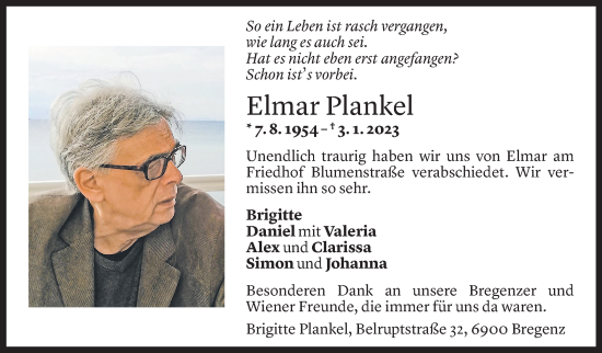 Todesanzeige von Elmar Plankel von Vorarlberger Nachrichten
