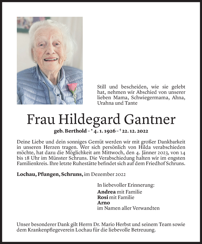  Todesanzeige für Hildegard Gantner vom 02.01.2023 aus Vorarlberger Nachrichten