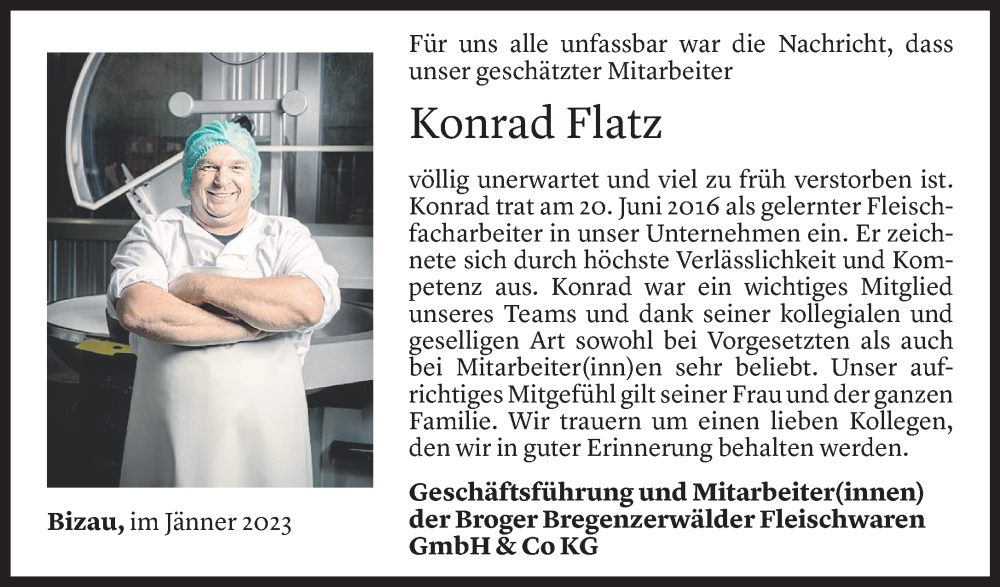  Todesanzeige für Konrad Flatz vom 10.01.2023 aus Vorarlberger Nachrichten
