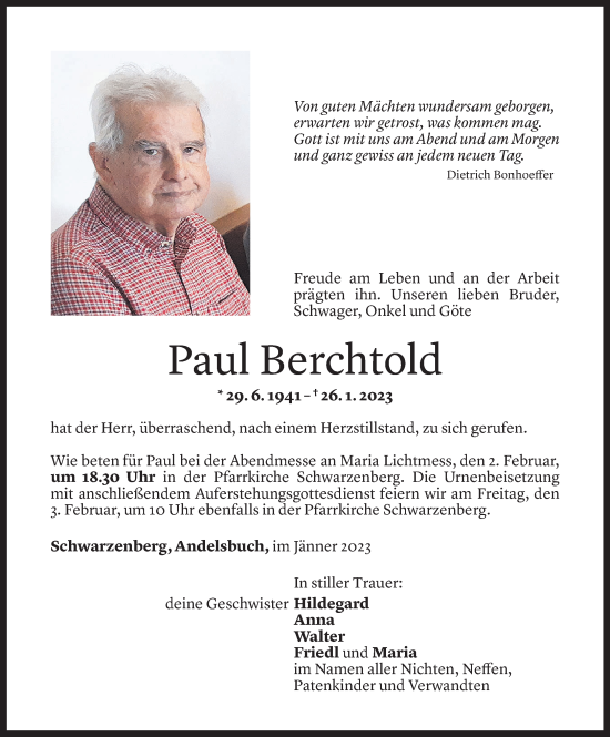 Todesanzeige von Paul Berchtold von Vorarlberger Nachrichten