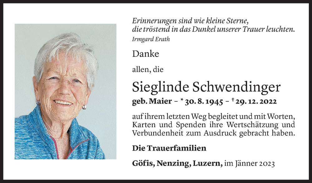  Todesanzeige für Sieglinde Schwendinger vom 28.01.2023 aus Vorarlberger Nachrichten