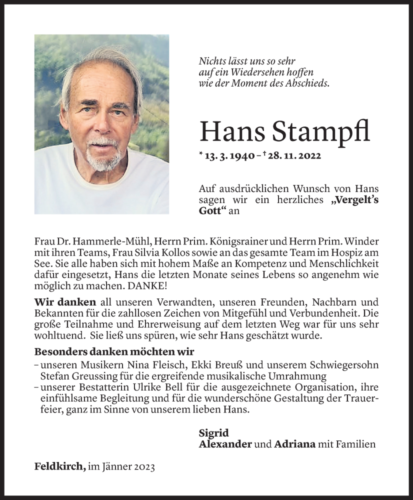  Todesanzeige für Hans Stampfl vom 06.01.2023 aus Vorarlberger Nachrichten